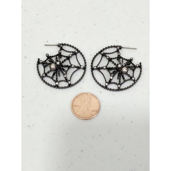 Spiderweb Pierce Earrings With Rhinestone Cosplay Hoop Gunmetal - Picture 7 of 9